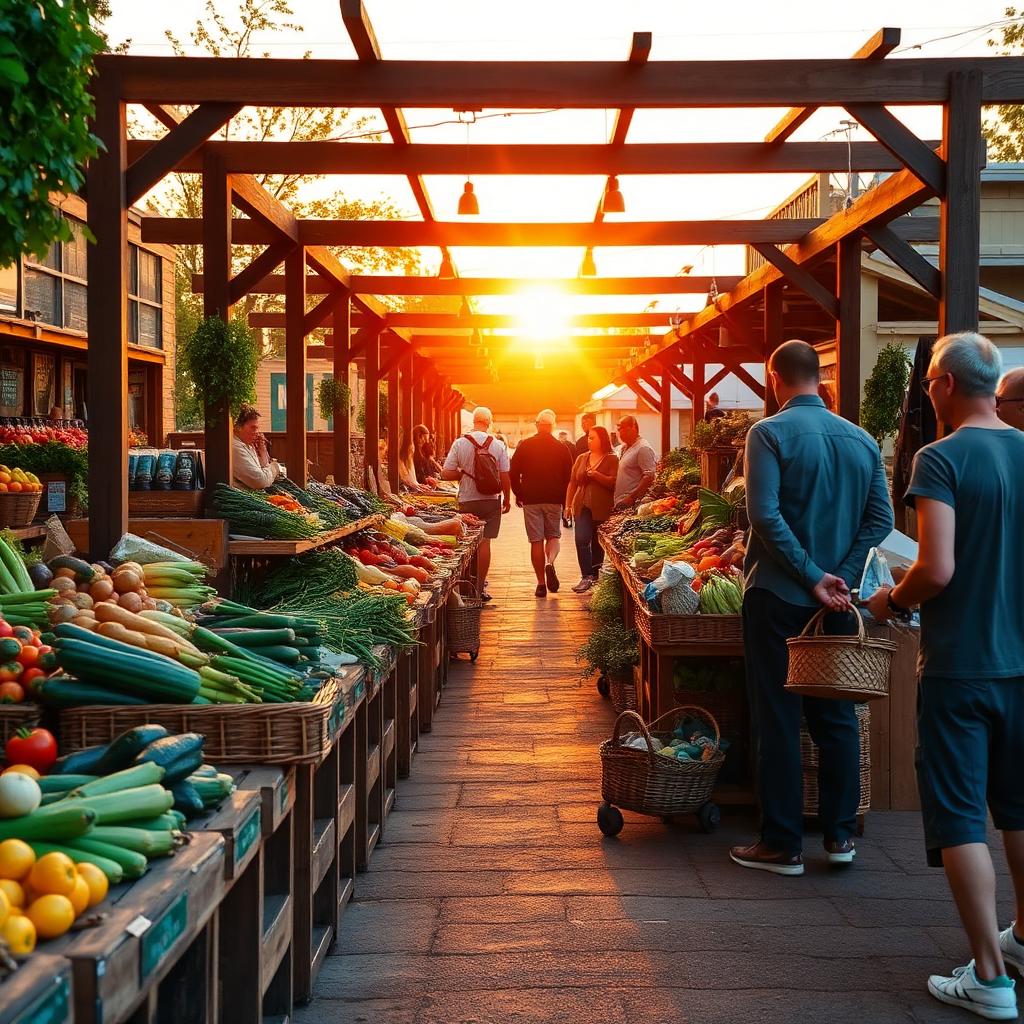 Local farmers market with people shopping at fresh produce stalls